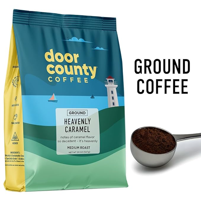 Door County Coffee - Heavenly Caramel - Sweet &amp Buttery Caramel Flavored Coffee - Medium Roast - Ground Coffee - 20 oz Bag