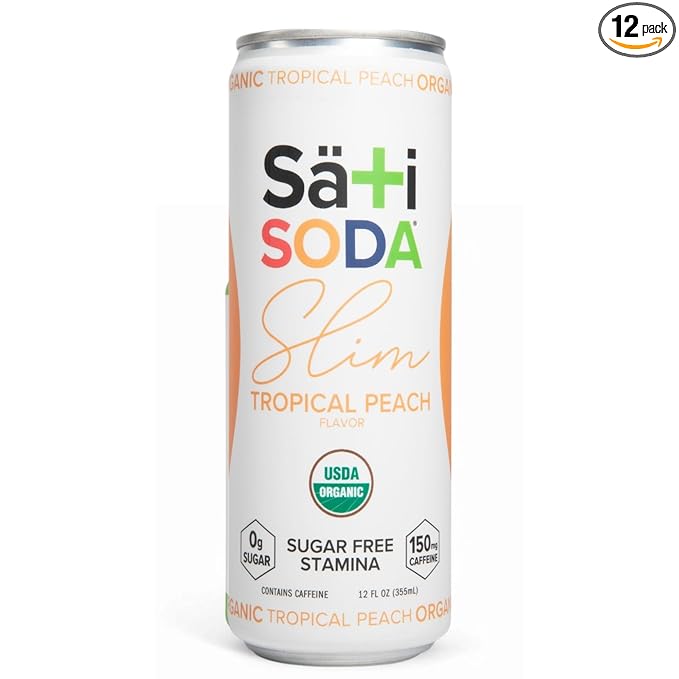 Sati Soda Organic Slim Tropical Peach - Adaptogenic Beverage with Lions Mane Green Coffee Bean &amp Acerola Vitamin C | Zero Calories Zero Sugar (12 Pack of 12 Ounce Cans Tropical Peach)