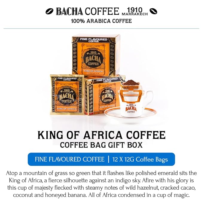 Bacha Coffee | King of Africa Fine Flavoured Medium Roast 100% Arabica Specialty Coffee 12 Coffee Drip Bags Gift Box