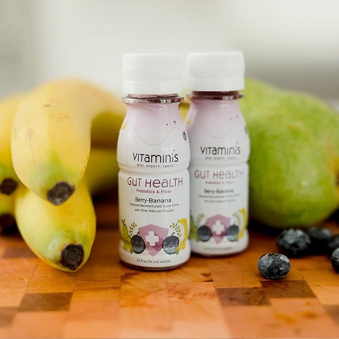 Vitaminis - Gut Health Shot - Berry Banana Juice with Probiotics and Fiber for Digestive Health. Dairy Free No Added Sugar Shelf Stable &amp Gentle for Kids Women &amp Men (2.5 Fl. Oz Pack of