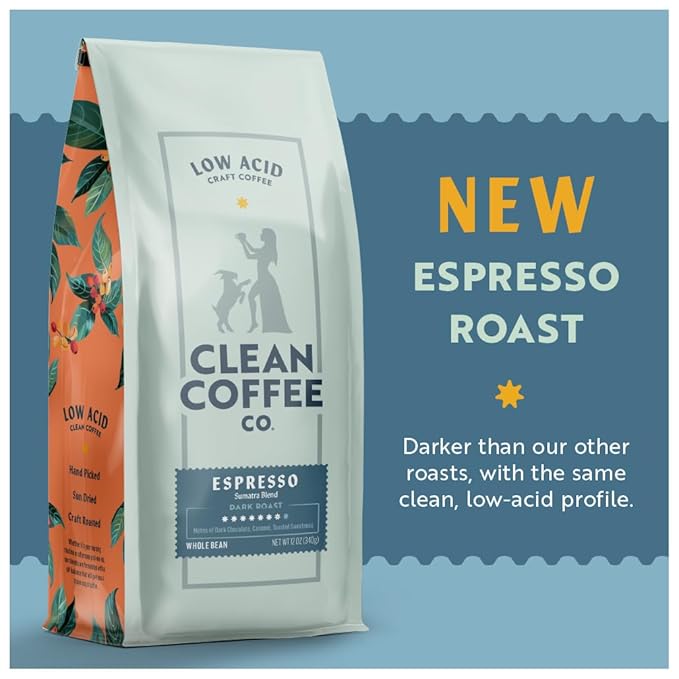 Clean Coffee Co. - Low Acid Espresso Roast Tested for Molds and Toxins Sumatra Blend Notes of Dark Chocolate Caramel Toasted Sweetness (Whole Bean 12 oz Bag)