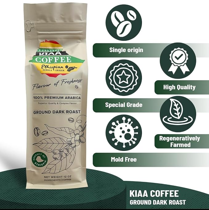 KIAA Ethiopian Premium Ground Dark Roast - 12oz 100% Organic Arabica Full-Bodied Bold Flavor Rich &amp Smooth Perfect for Espresso French Press &amp Drip Brewing Freshly Roasted