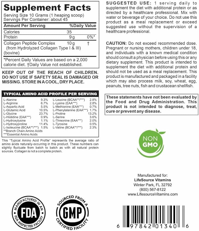 LifeSourceVitamins Collagen Peptides Powder - 45 Servings Hair Nail Skin Bone &amp Joint Health Unflavored Keto &amp Paleo Approved