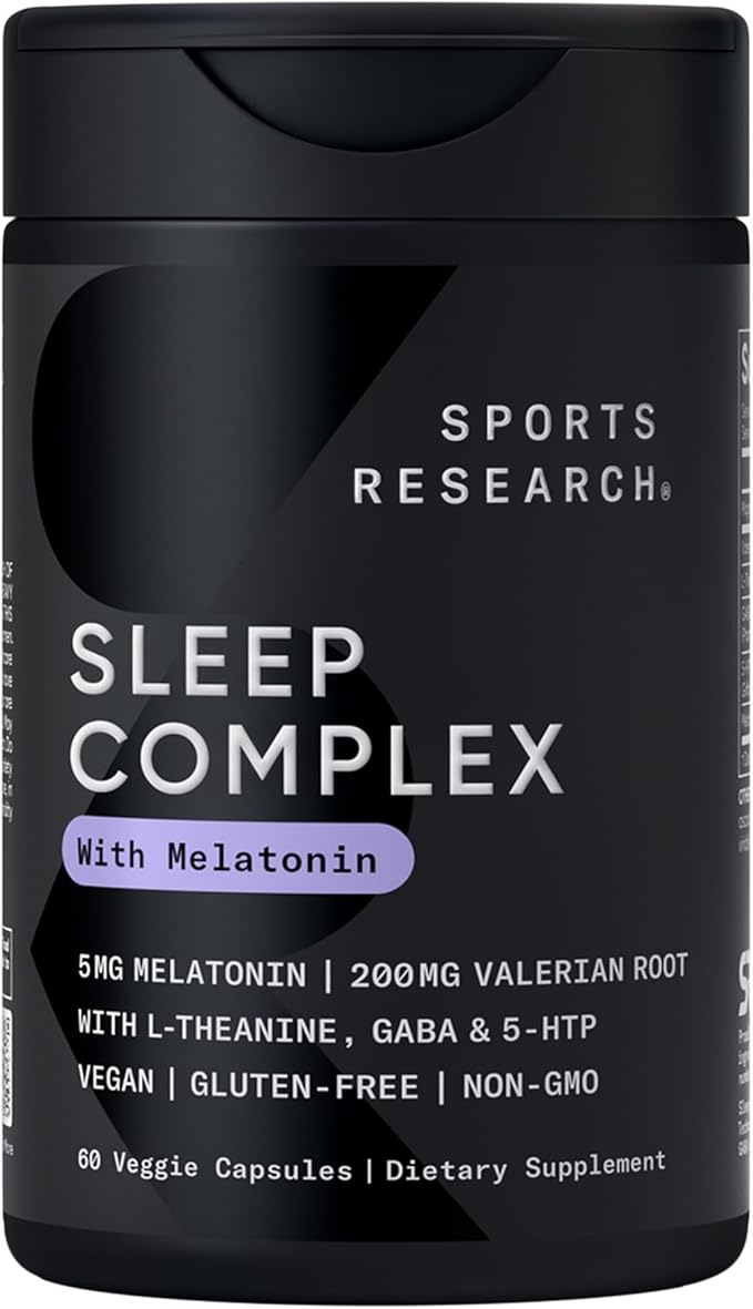 Sports Research® Sleep Complex with Melatonin 5mg L-Theanine 200mg &amp Magnesium - Supports Restorative Sleep &amp Relaxation - Vegan Certified · Non-GMO · Gluten Free - 60 Veggie Capsules