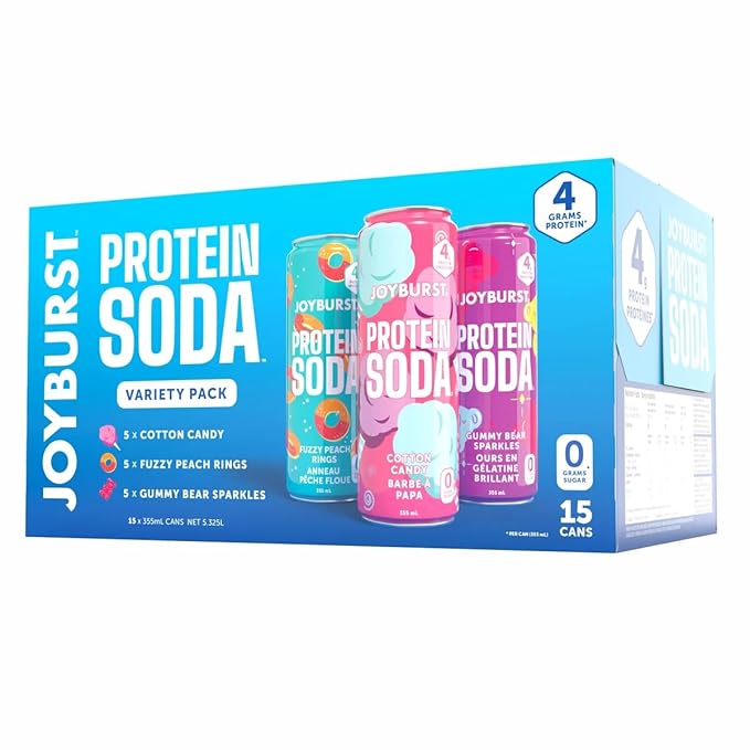 Protein Soda Variety Pack - 15 Pack (355 mL Cans) - Gummy Bear Fuzzy Peach &amp Cotton Candy Flavors - 0g Sugar 4g Protein - Keto Friendly Gluten-Free &amp Carbonated