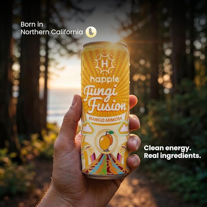 Happie Fungi Fusion Mango – Sparkling Adaptogen Drink with Lion’s Mane Cordyceps &amp Red Reishi – Plant-Based Nootropic 40 Calorie Zero Sugar Added Vegan Functional Soda Alternative (6 pack)