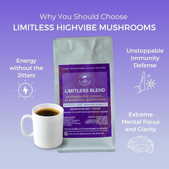 HighVibe Mushrooms LIMITLESS 10-in-1 Mushroom Coffee Blend –Mold &amp Mycotoxin Free Organic Vegan Gluten-Free USDA Organic Focus &amp Energy Support Medium Roast Coffee with Medicinal Mushroo
