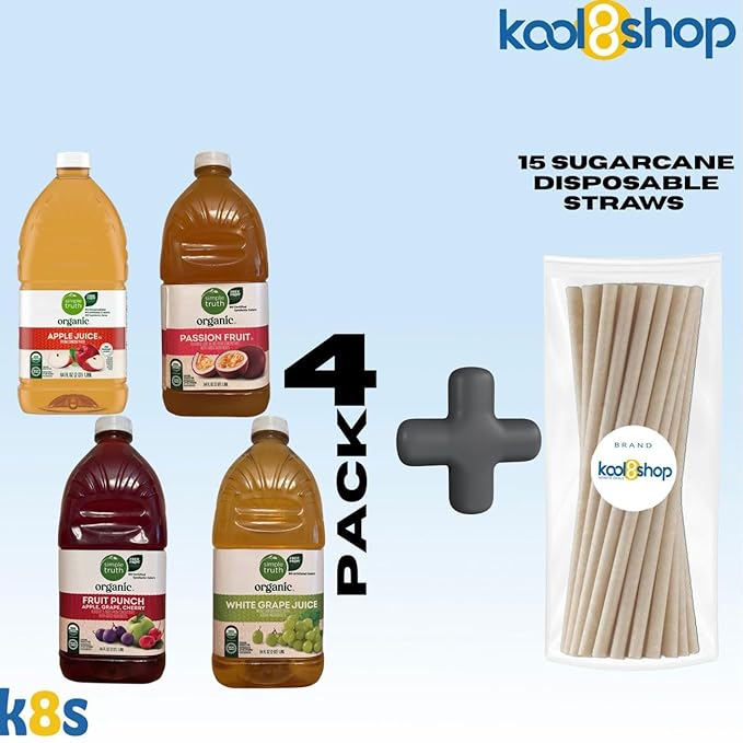Simple Truth Organic Variety Pack Fruit Juice 64 fl oz Plastic Bottles 4 Pack + 15 Sugarcane Disposable Straws by KOOL8SHOP Infinite Deals