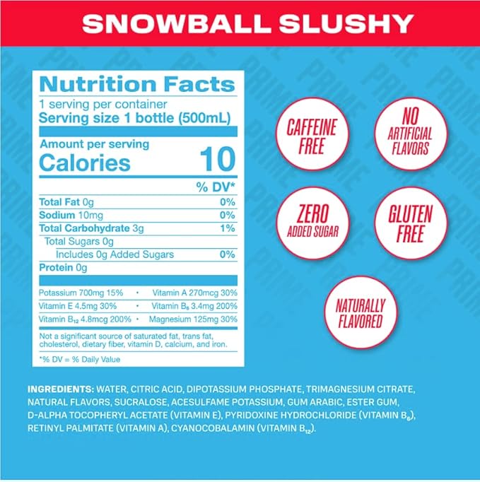 PRIME Hydration SNOWBALL SLUSHY Sports Drinks Electrolyte Enhanced for Replenishing Fluids 250mg BCAAs B Vitamins Antioxidants Low Sugar 16.9 Fl Oz 12 Pack