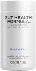 Codeage Gut Health Supplements Vegan Formula - L Glutamine Zinc Turkey Tail Mushroom Powder Tonic Mushroom Maitake Micro Algae Mineral Licorice Root DGL - Probiotics Prebiotics - 180 Capsules