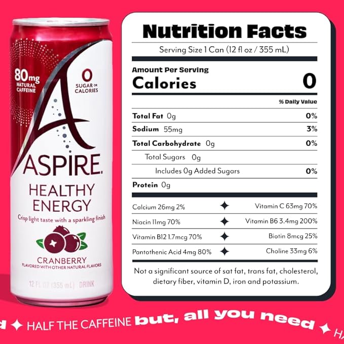 ASPIRE® Cranberry Healthy Energy Drink 80mg Natural Caffeine Zero Sugar No Carbs Keto Friendly 12 Pack Green Tea Sugar Free Drink Low Caffeine Zero Calorie