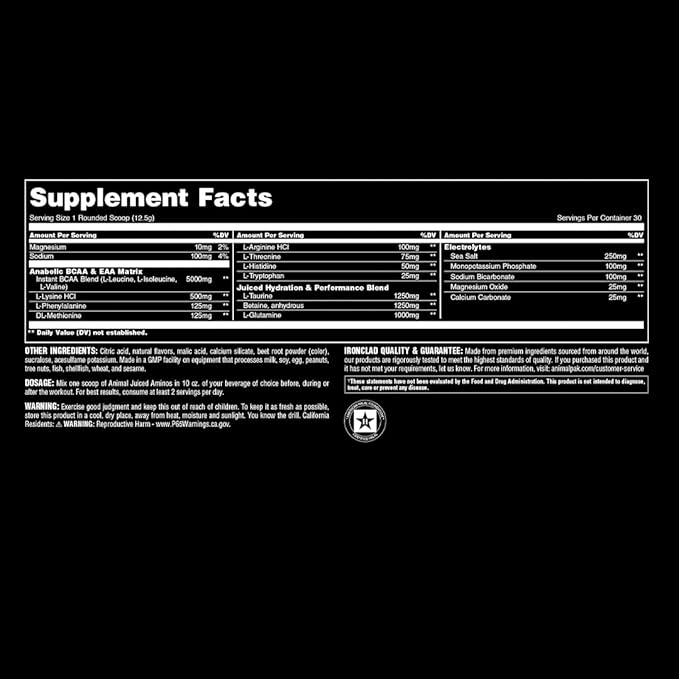 Animal Juiced Amino Acids - BCAA Powder EAA Matrix Plus Hydration with Electrolytes and Sea Salt Anytime Recovery and Improved Performance Fruit Punch Flavor 30 Servings
