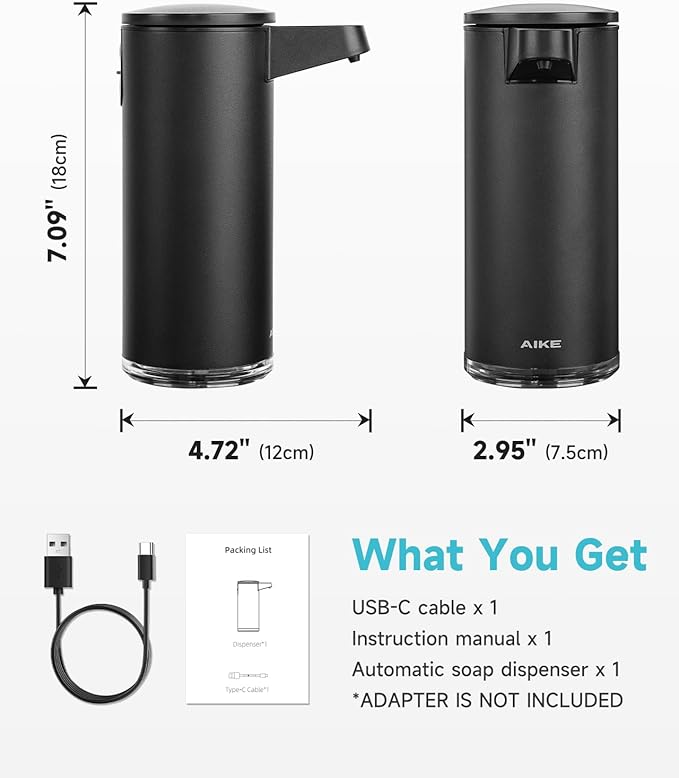 AIKE SensePro Automatic Soap Dispenser Type-C Rechargable Stainless Matte Black Coating 12.8 fl.oz. for Liquid Soap