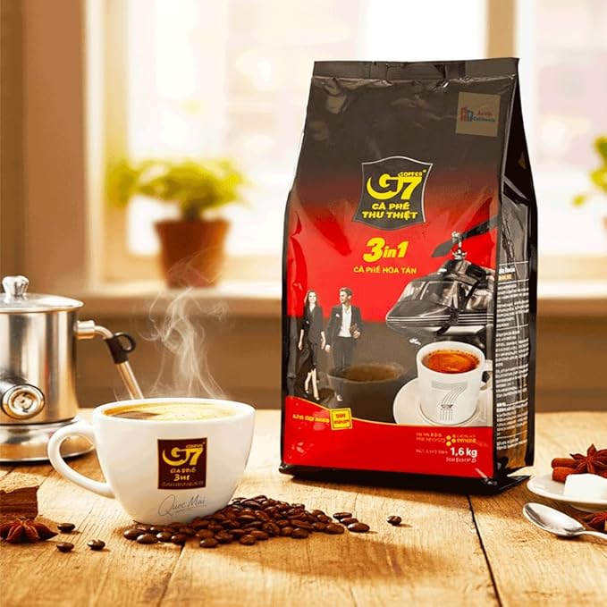 TRUNG NGUYEN G7 3-IN-1 Instant Coffee for Energy Boost by NANO+ Technology - Roasted Ground Coffee Blend with Non-dairy Creamer and Sugar - Strong and Pure Vietnamese Instant Coffee (100 Sticks/Bag)