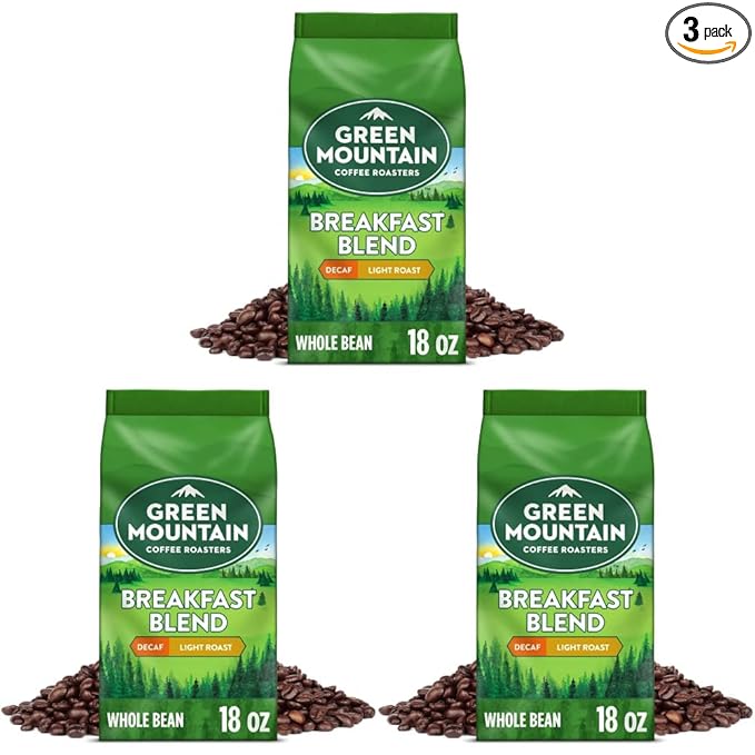Green Mountain Coffee Roasters Breakfast Blend Decaf Whole Bean Coffee Light Roast Bagged 18 oz (Pack of 3)