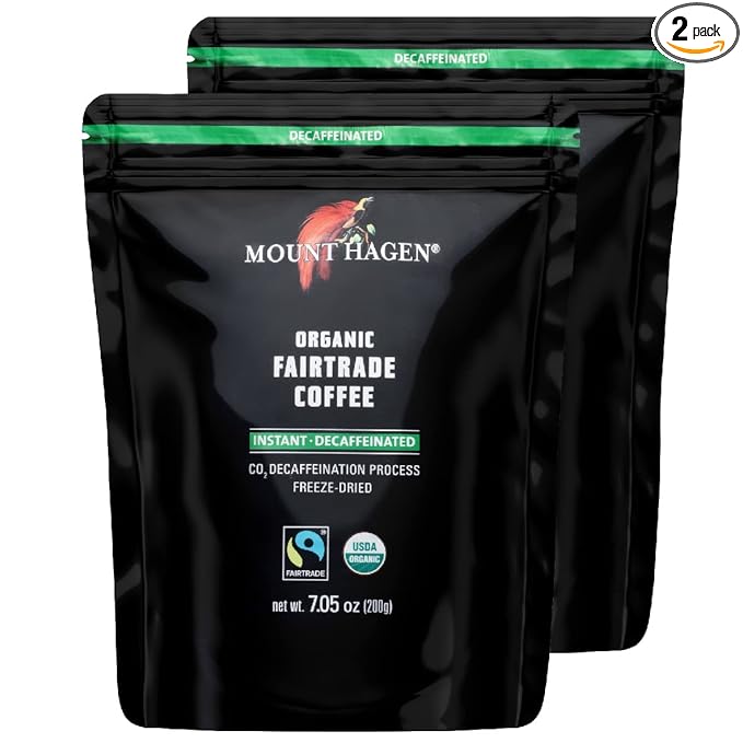 Mount Hagen 7.05oz Organic Freeze Dried Instant Decaf Coffee - 2 Pack | Organic Medium Roast Arabica Beans | Fair-Trade Eco-friendly in Resealable Pouch Bag [2x7.05oz]