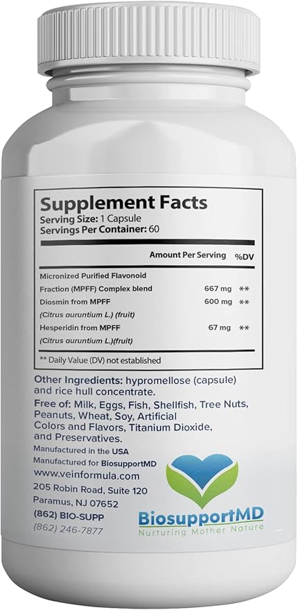VITASUPPORTMD Vein Formula Blood Circulation and Leg Vein Supplement 60 Capsules Diosmin Hesperidin 667 mg from MPFF Micronized Bioflavonoids