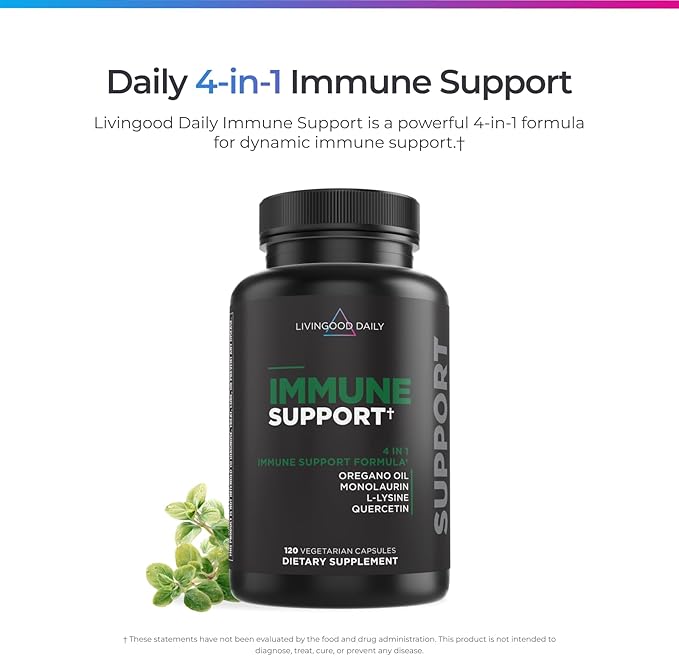 Livingood Daily Immune Support Supplement 4-in-1 Formula with Oregano Oil Monolaurin L Lysine &amp Quercetin Gut &amp Digestive Health Gluten Free Vegan Non GMO Allergen Free 120 Capsules