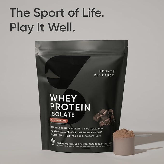 Sports Research® 100% Whey Protein Isolate Dark Chocolate - U.S. Sourced Protein Powder w/BCAAs - No Artificial Flavors or Gums- Informed Sport Tested · Gluten Free - 2lb Bulk Bag 25 Servings