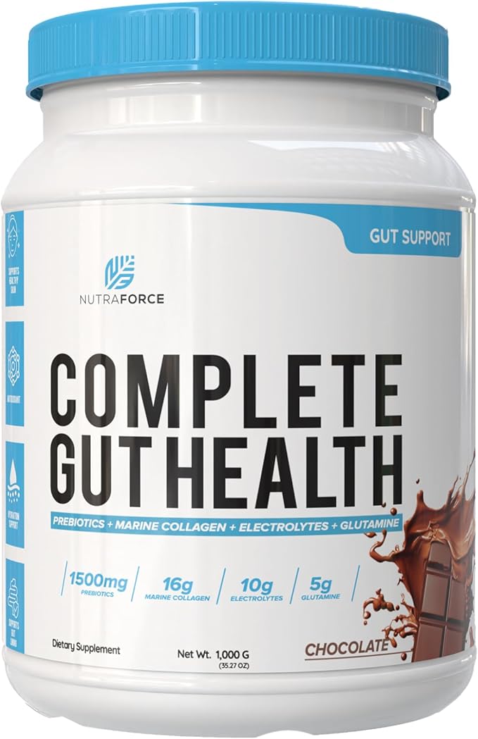 NutraForce Complete Gut Health Powder – Prebiotic Fiber &amp Marine Collagen Supplement with L‑Glutamine &amp Coconut Electrolytes upports Gut Lining Digestion Immune &amp Skin Health 2.2 lb (1