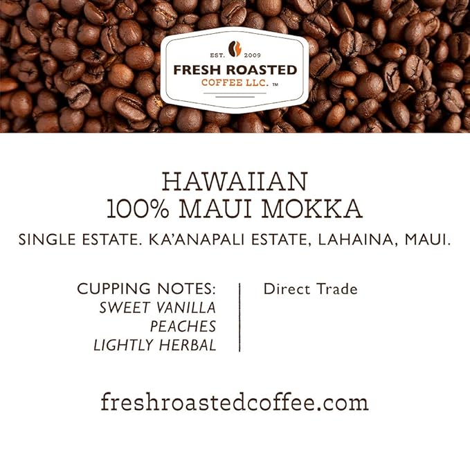 Fresh Roasted Coffee Hawaiian Maui Mokka 12 oz Medium Roast Kosher Whole Bean