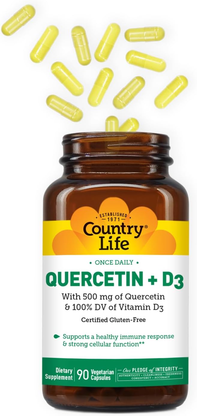 Country Life Quercetin 500mg Capsules with Vitamin D3 800 IU – Immune Support Supplement for Adults – Daily Immune Boosters – Quercetin Immune System Boost 90 Capsules