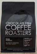 Chocolate Fish Coffee Roasters Koru Espresso Dark Roast Whole Bean Coffee with Caramel and Orange Notes Natural and Washed Process 12 oz