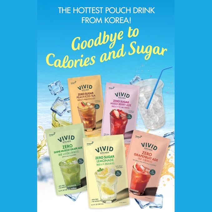 VIVID KITCHEN Peach Iced Tea Pouch Drinks – Zero Sugar Zero Calories | Korean Convenience Store Drink | No Artificial Preservatives or Corn Syrup | 6.4 fl oz (10 Pouches) (10 Pouch Peach Iced Tea)