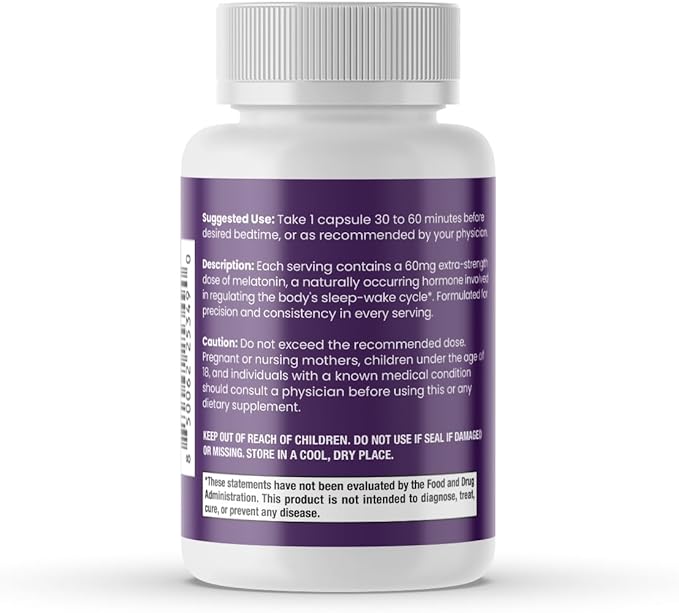 60 mg High Dosage Melatonin Supplement - Extra Strength High Potency Sleep Support Vegan Non-GMO Made in USA Easy-to-Swallow Capsules 180 Count (180 Servings)