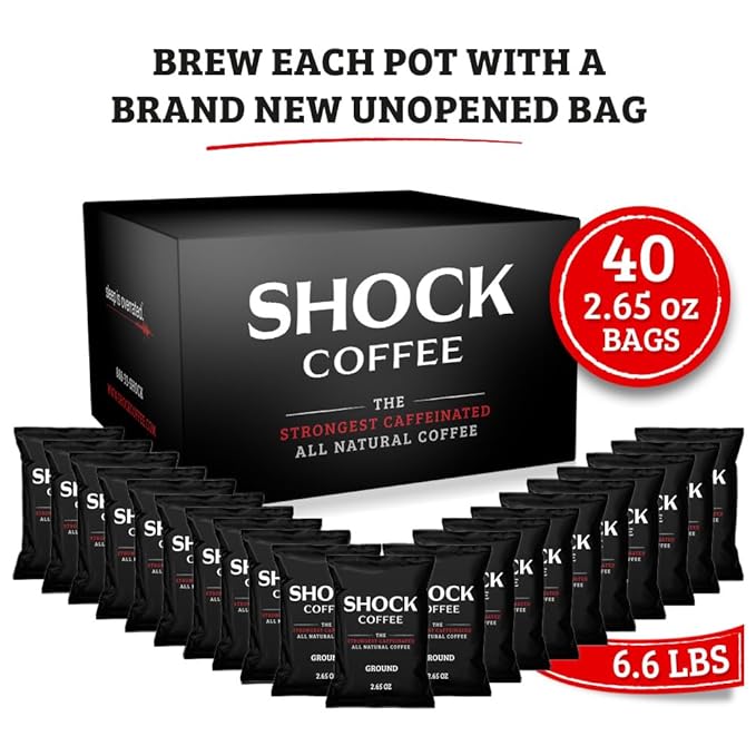 Shock Coffee Ground Stay Fresher Packs. The Strongest Caffeinated All Natural Coffee Up to 50% more Caffeine than Regular Coffee 6.6 pounds (40-2.65oz bags)