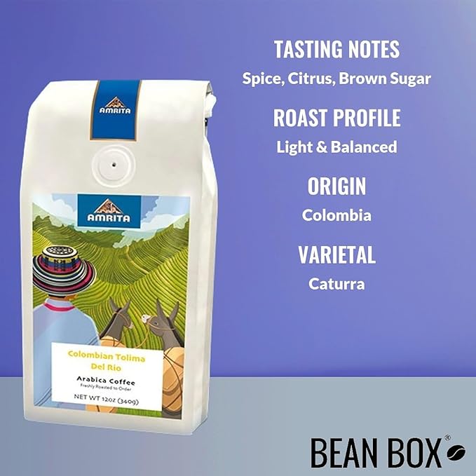 Colombia Tolima Del Rio - Light - Roasted by Amrita Certified Pure - Whole Bean Coffee - 2 Pound Bag