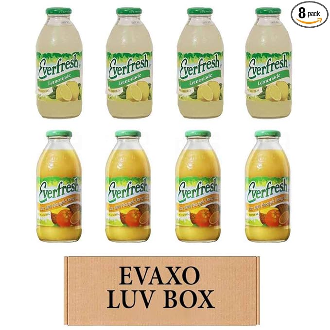 LUV BOX- variety Everfresh Juice 16 oz. pack of 8  Everfresh Lemonade  Everfresh 100% Pineapple Orange Juice. by evaxo