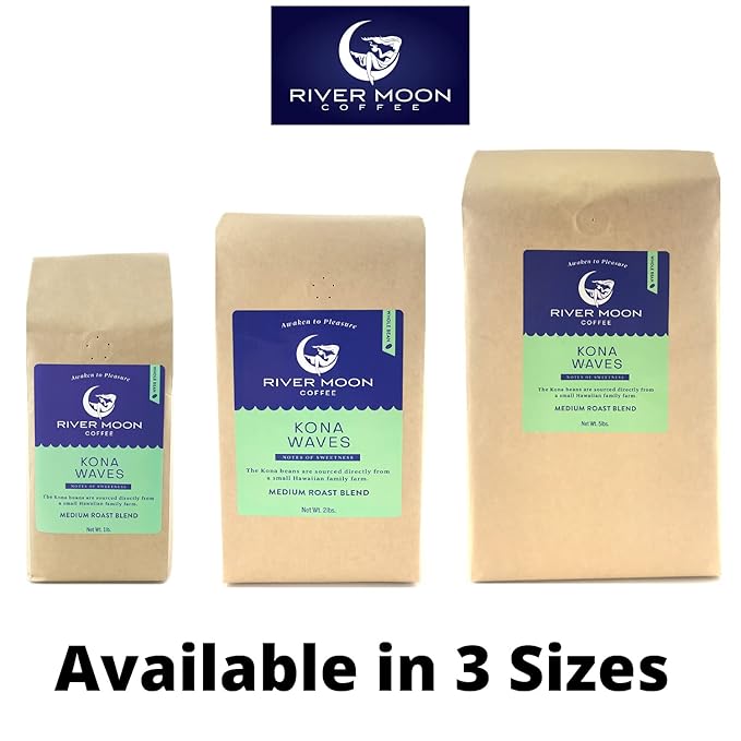 River Moon Coffee Kona Coffee Whole Bean Medium Roast 5 lbs Kona Waves Hawaiian Blend Sustainably Farmed 100% Arabica