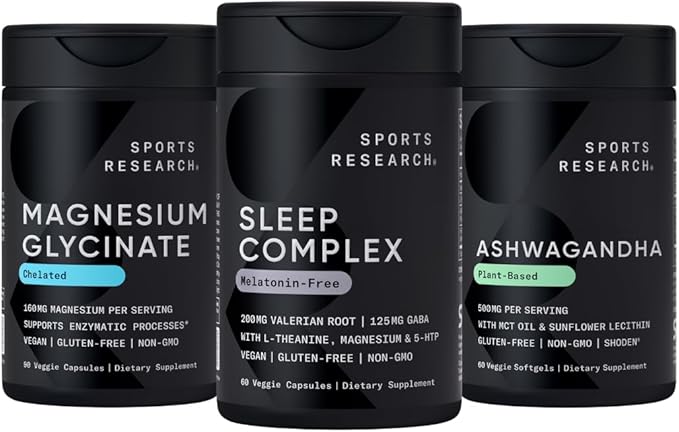 Sports Research De-Stress &amp Sleep Bundle - 160 mg Chelated Magnesium Glycinate Melatonin-Free Sleep Complex &amp Ashwagandha Softgels with Coconut MCT Oil for Relaxation Calm &amp Sleep Suppor