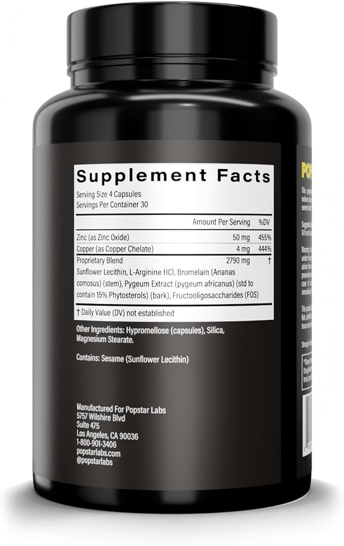 POPSTAR Labs Semen Volume Booster - Men's Semen Health &amp Fertility Supplement - Doctor Formulated to Increase Load Volume - Made in USA - Non-GMO Organic Vegan - 120 Capsules (1 Month Supply)