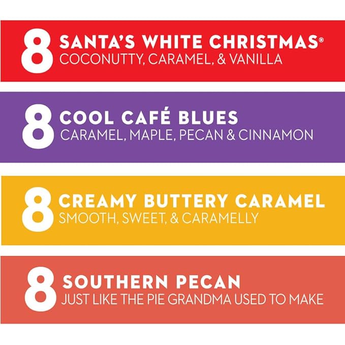 Barnie's Coffee Pods with Santa's White Christmas Southern Pecan Creamy Buttery Caramel and Cool Cafe Blues Assorted Variety Pack 32 Count