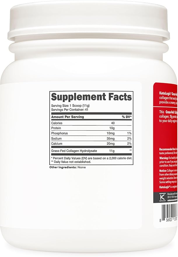 Ketologic Grass Fed Collagen Hydrolysate Powder (Unflavored) (1 LB) - 41 Servings 11 G Collagen Per Serving 10 G Protein Per Serving - Grass-fed Collagen Peptides