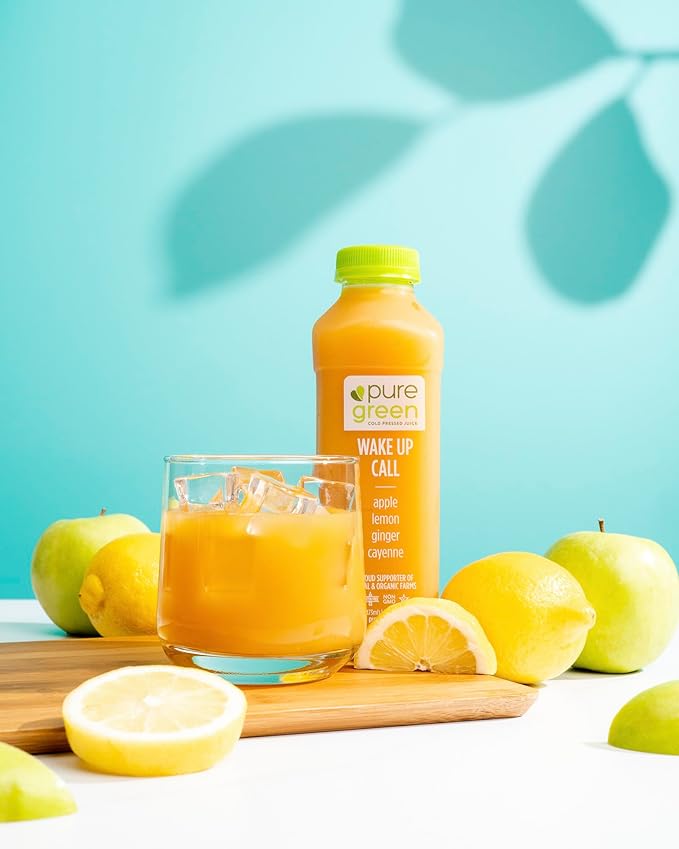 Pure Green Cold Pressed Juice - Wake Up Call - Fresh Functional Blend with Apple Ginger Lemon Cayenne - Natural Gluten Free Non-GMO No Artificial Colors or Flavors - Made from Real Fruits &amp