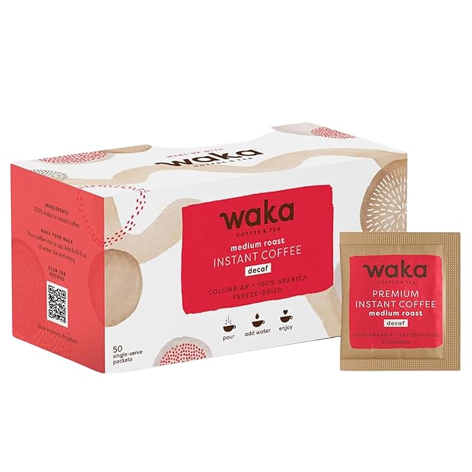 Waka Decaf Premium Instant Coffee — 100% Colombian Arabica Freeze Dried Beans — For Hot or Iced Coffee (Single-Serve 50 ct)