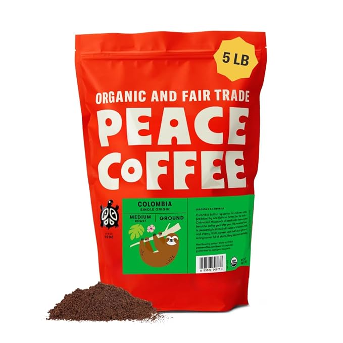Peace Coffee Colombia Single Origin Ground Medium Roast Coffee 5 lb Organic Fair Trade Crisp Mild Flavor Shade Grown Fresh Roasted