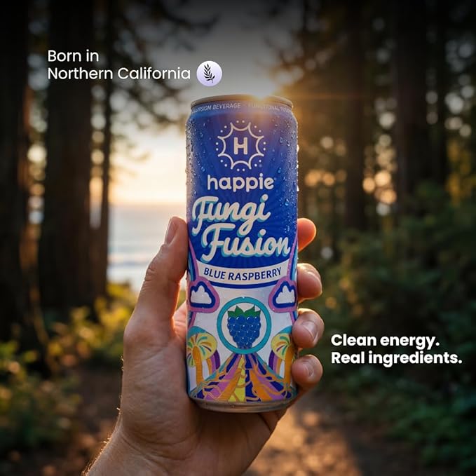Happie Fungi Fusion Blue Raspberry – Sparkling Adaptogen Drink with Lion’s Mane Cordyceps &amp Red Reishi – Plant-Based Nootropic 40 Calorie Agave Nectar Vegan Wellness Soda Alternative