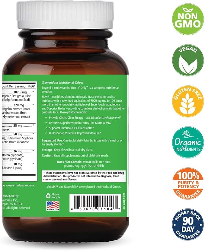 One n Only Whole Food Multivitamin by Pure Essence - Super Energetic Once a Day with Superfoods Minerals Enzymes Vitamin D D3 B12 Biotin - 60 Tablets