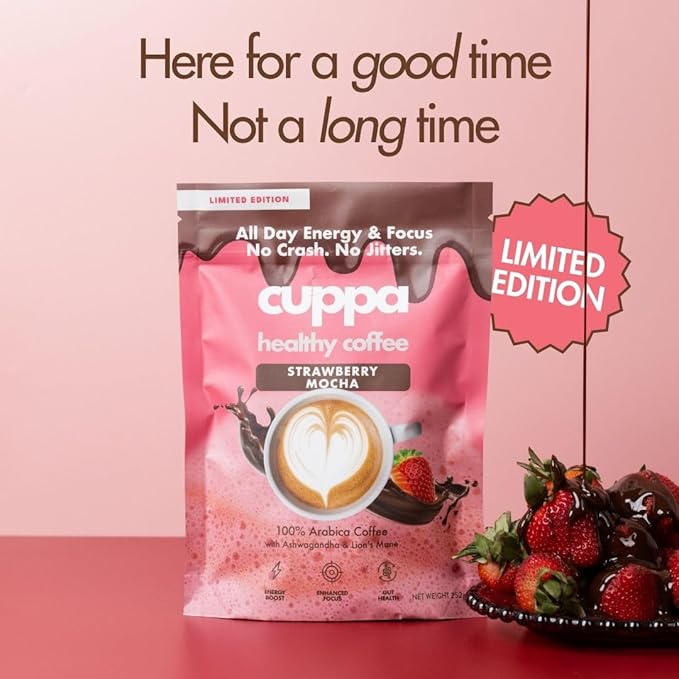 Cuppa Coffee - Great tasting Straberry Mocha coffee with mushrooms adaptogens &amp superfoods - Lion's Mane Ashwagandha Cordyceps MCT Prebiotic Fiber &amp L-Theanine. Supports natural energy &a