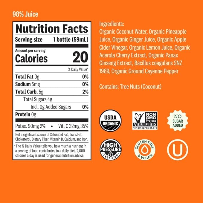 Suja Organic Digestion Shot (30 Pack) with Ginger and Apple Cider Vinegar | Immunity Boost &amp Digestive Support | Functional Shots | Cold-Pressed Juice with Live Probiotics | Plant-Based &amp Glut