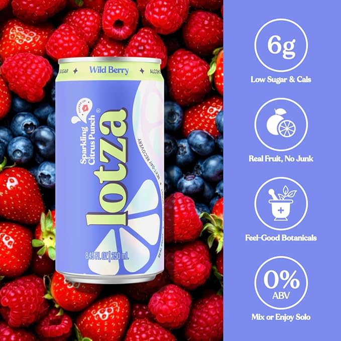 Lotza Sparkling Non-Alcoholic Adaptogen Drink with Electrolytes | Non-Alcoholic Mocktail &amp Drink Mixer| Antioxidants &amp Real Fruit (Pack of 12) Wild Berry