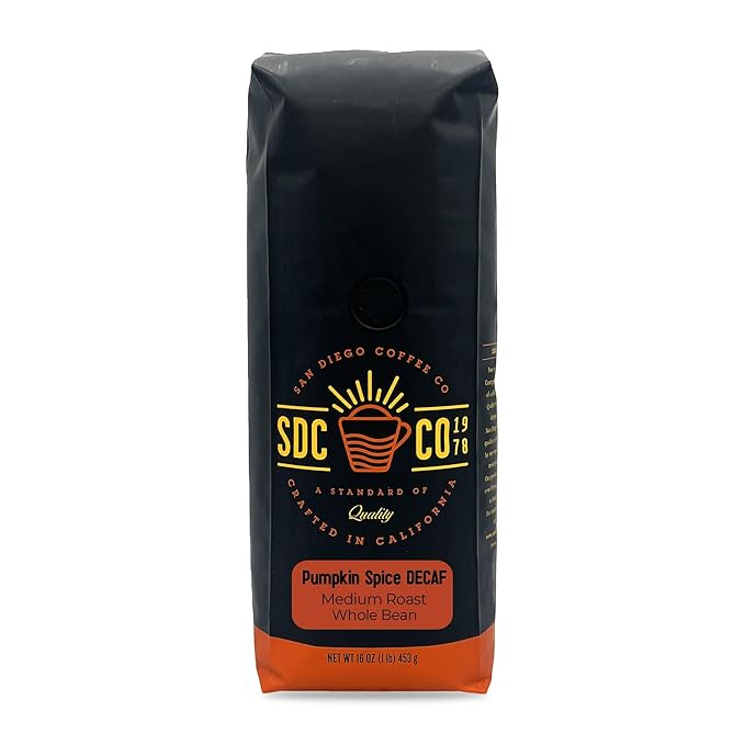 San Diego Coffee DECAF Pumpkin Spice Medium Roast Whole Bean Coffee 16-Ounce Bag Café en grano tostado descafeinado