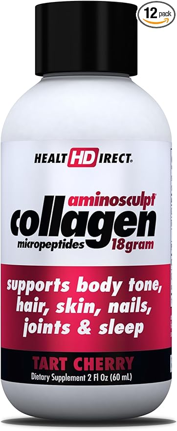 HEALTH DIRECT – Medical-Grade Liquid Collagen Shots – AminoSculpt Sugar-Free – Tart Cherry – 12 Servings (12pk 2oz Shots) – Good for Joints Bones &amp Sleep – Better Hair Skin &amp Nails