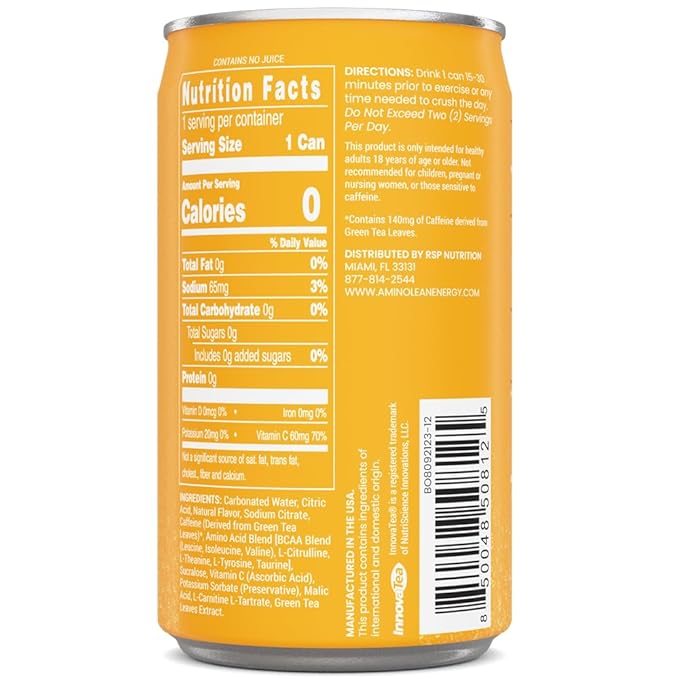 AminoLean Energy Drink MINIS – Sugar Free Anytime Energy with Natural Caffeine &amp Vegan Amino Acids for No Jitters Tingles or Crash Sparkling Blood Orange 8 oz 12 Pack