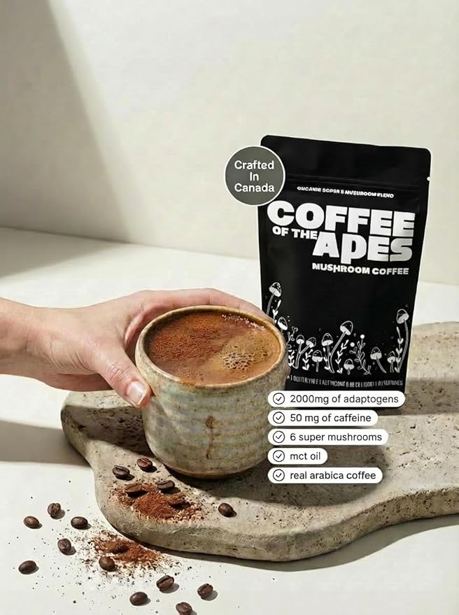 Coffee Of The Apes - Organic Instant Mushroom Coffee - High Potency Functional Adaptogen Drink with Lion's Mane Cordyceps Reishi Turkey Tail King Trumpet Shiitake Real Arabica Beans and MCT OIL