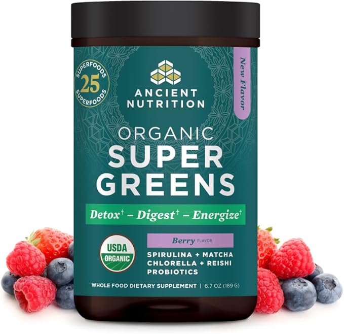 Ancient Nutrition SuperGreens Powder with Probiotics Organic Berry Flavor Greens Made from Real Fruits Vegetables and Herbs Digestive and Energy Support 25 Servings 6.7oz